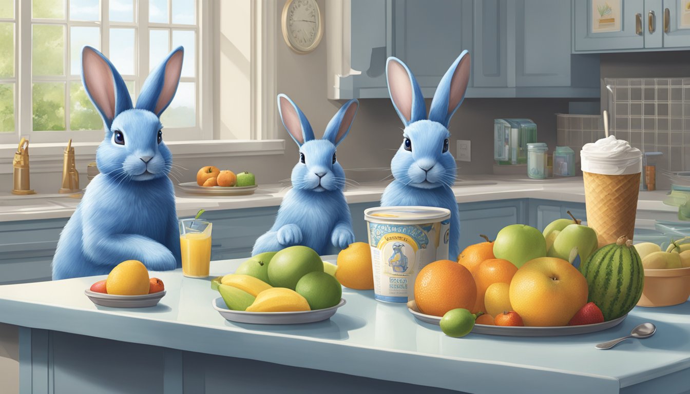 A blue bunny and Dreyer's ice cream tubs sit side by side on a kitchen counter, surrounded by fresh fruits and a glass of water