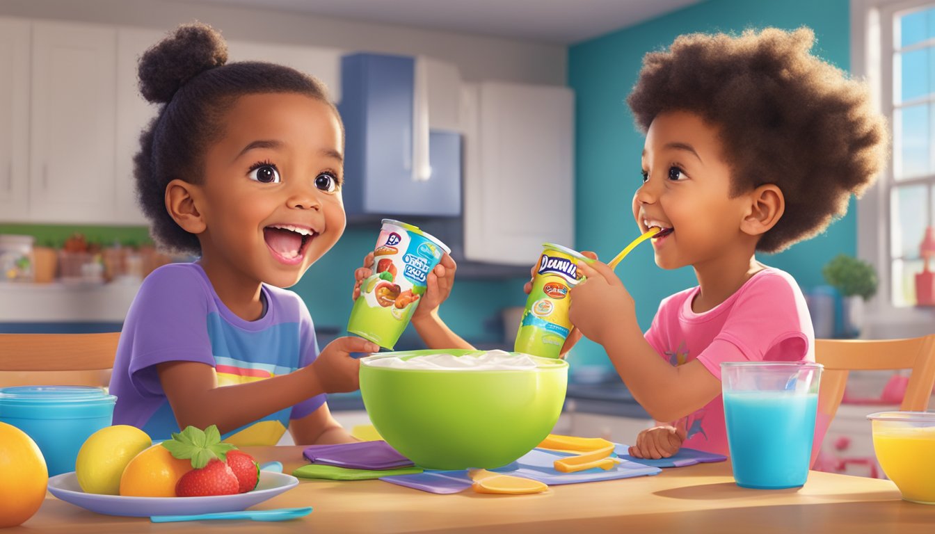 A child happily eating go-gurt while another child enjoys danimals yogurt in a colorful kitchen setting