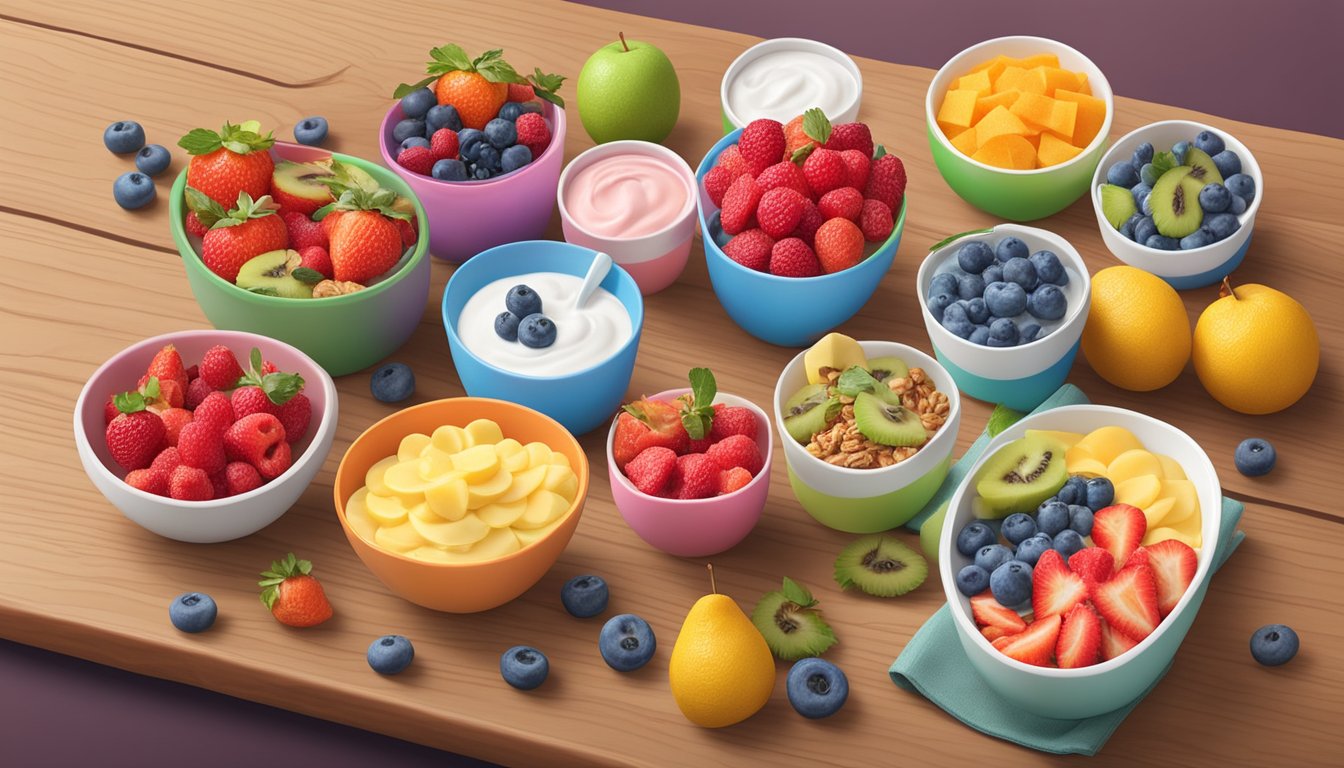 A colorful array of homemade yogurt go gurt and danimals arranged on a wooden table with fresh fruit and granola scattered around