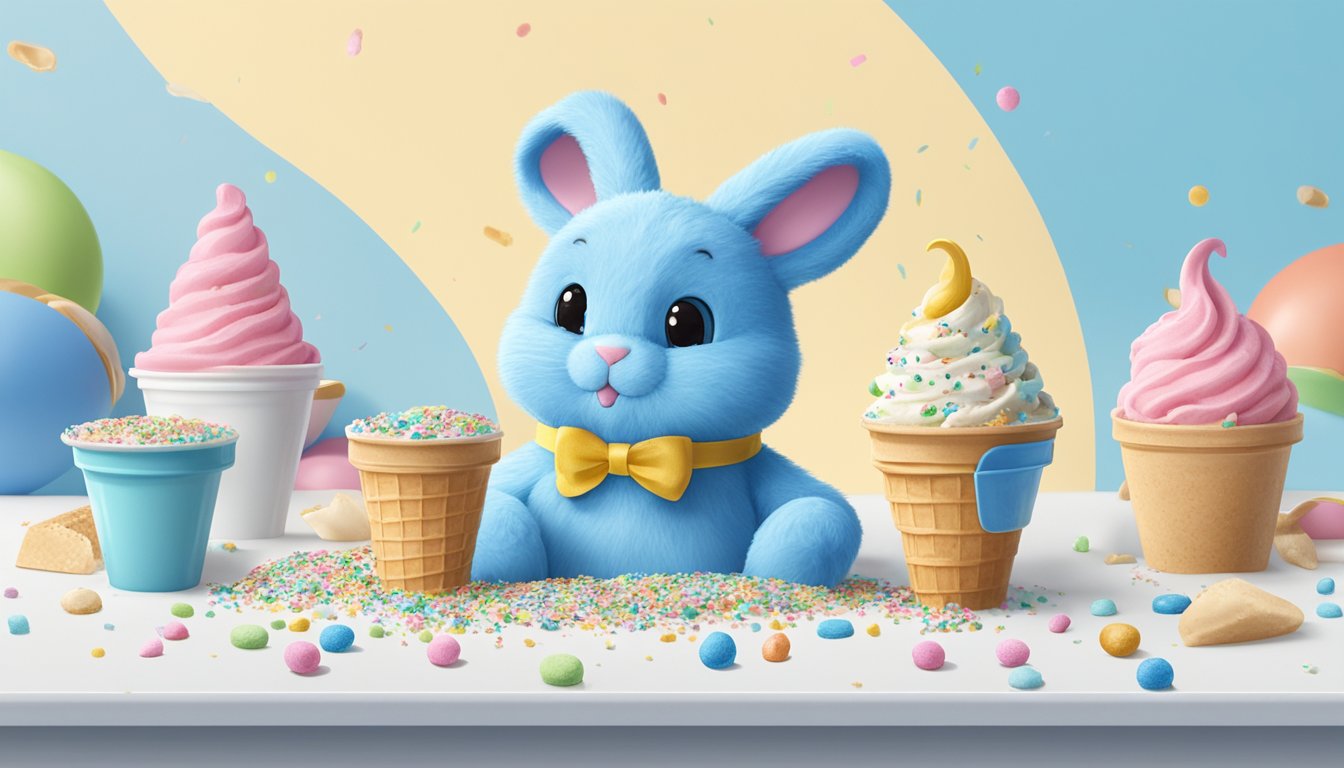 A blue bunny and a Dreyer's ice cream container sit side by side on a white table, surrounded by scattered sprinkles and a melting puddle of ice cream