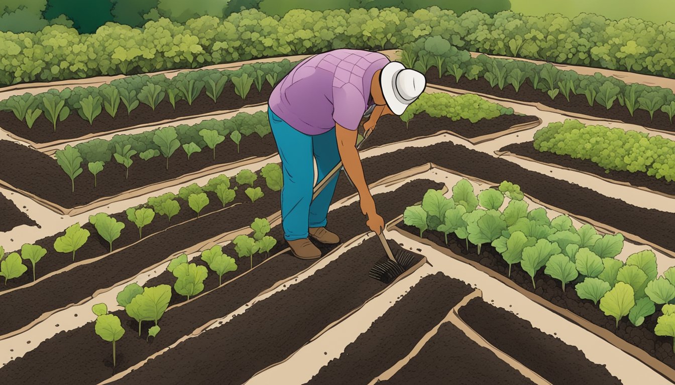 A person tilling rich, dark soil in a Maryland garden, surrounded by rows of freshly planted vegetable seeds