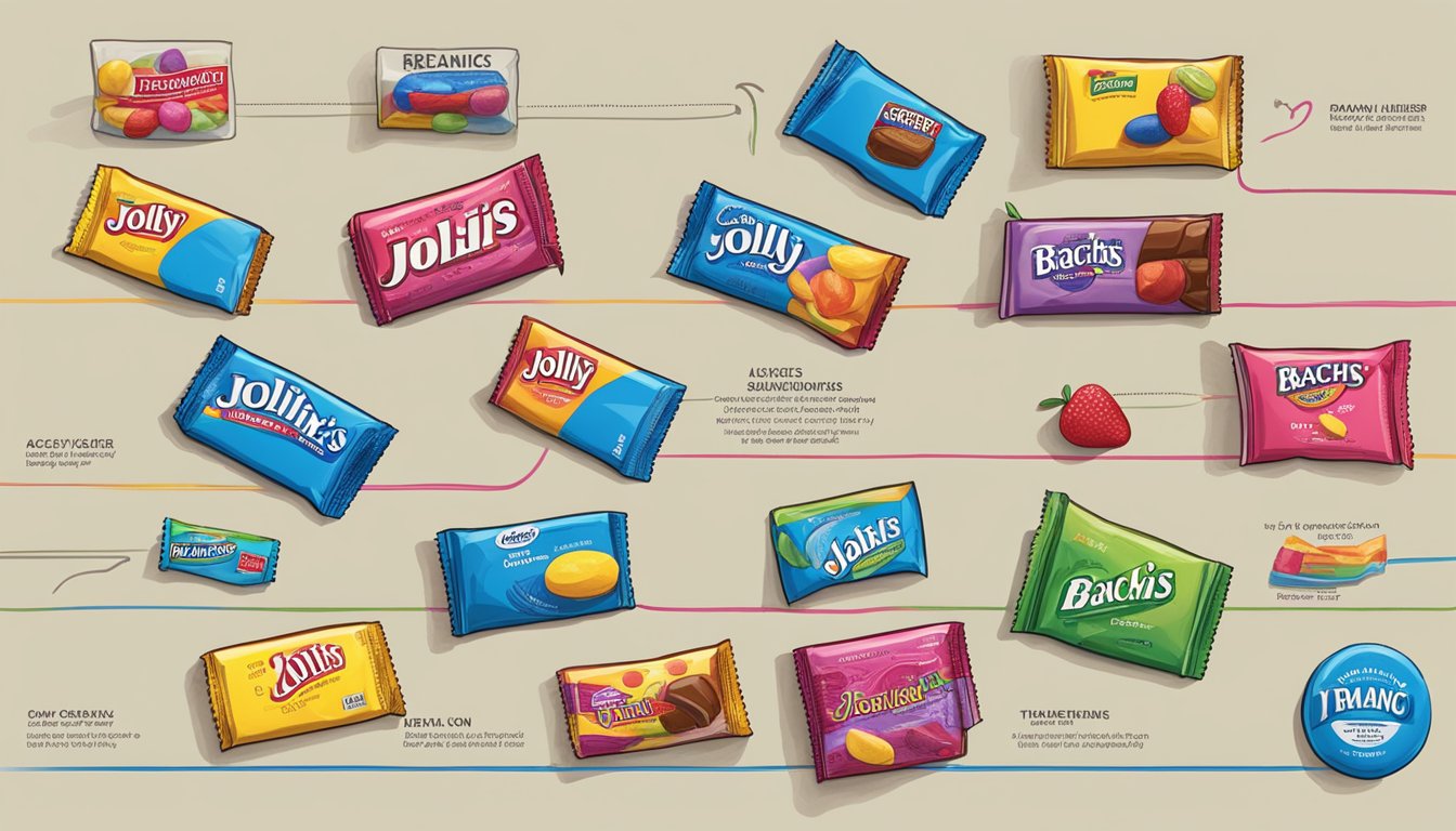 A colorful array of Brach's and Jolly Rancher candies, arranged in a timeline to depict their history and evolution