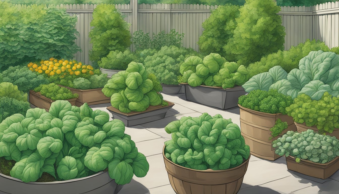 Lush green vegetable plants and packets of seeds arranged in a Maryland garden