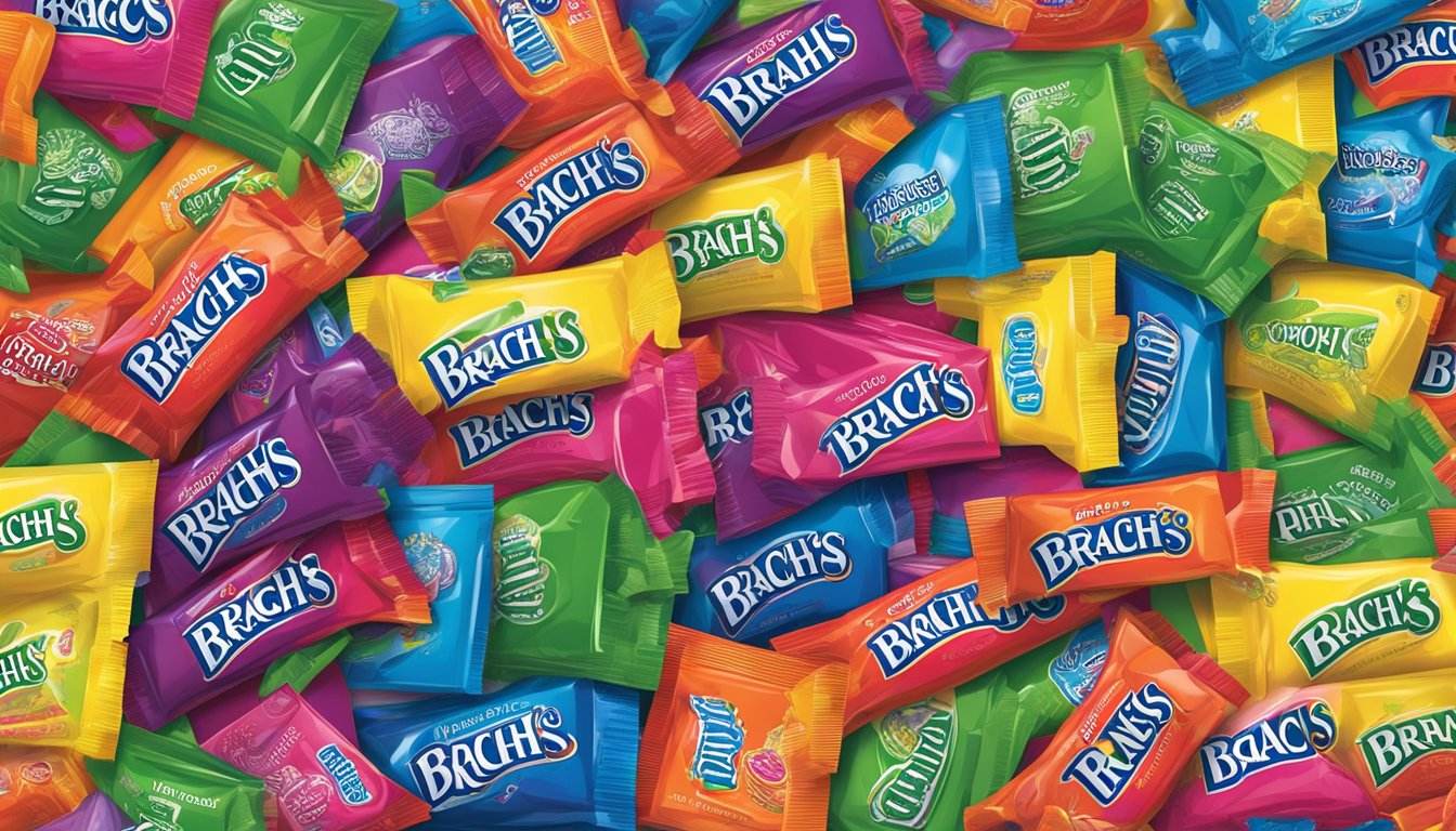 A colorful display of Brach's and Jolly Rancher candies, arranged in an enticing way to showcase the variety of flavors and packaging