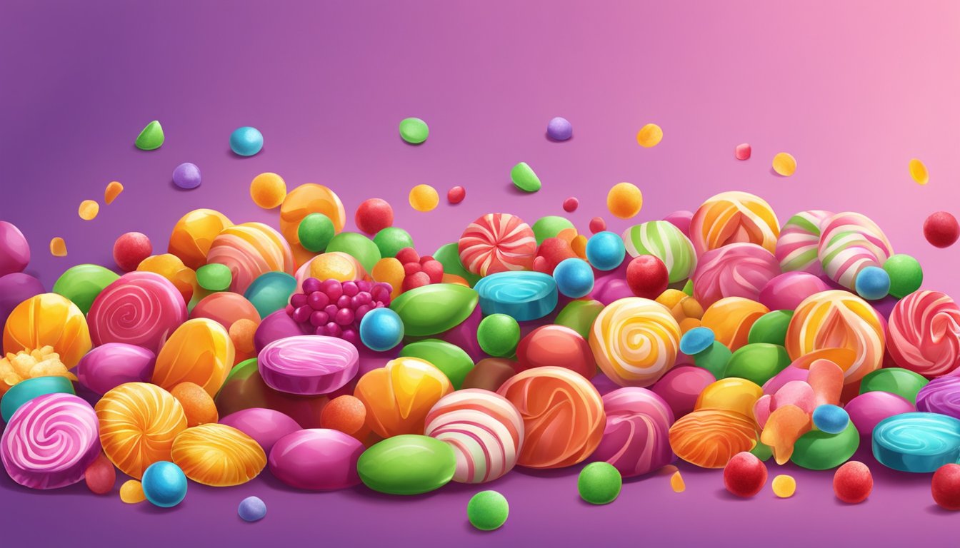 A colorful array of candies, some hard and some chewy, with various fruit flavors bursting from them