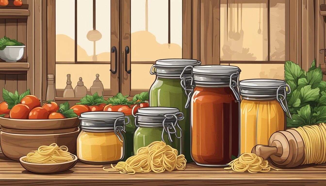 A rustic kitchen with jars of homemade and store-bought pasta sauce lined up on a wooden table, surrounded by fresh ingredients and cooking utensils