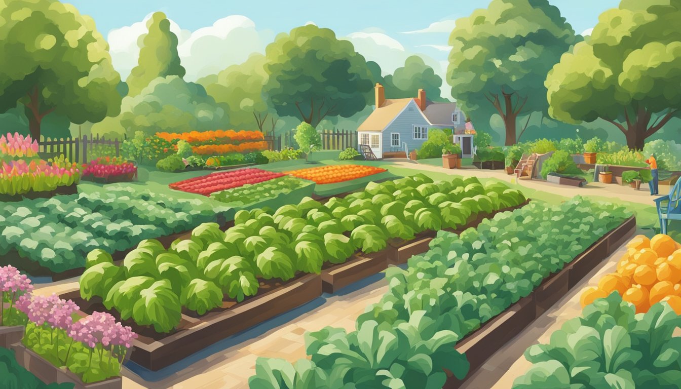 A sunny garden in Maryland, with rows of healthy vegetables being watered and tended to by a gardener