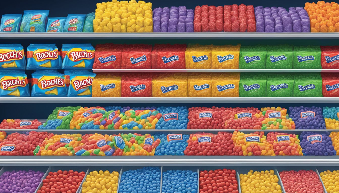 A colorful display of Brach's and Jolly Rancher candies on a market shelf, competing for attention