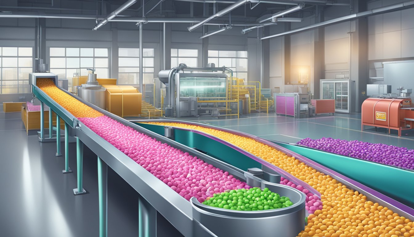 A conveyor belt moves colorful candies through a factory, where machines package and label them as "Brachs" or "Jolly Rancher."