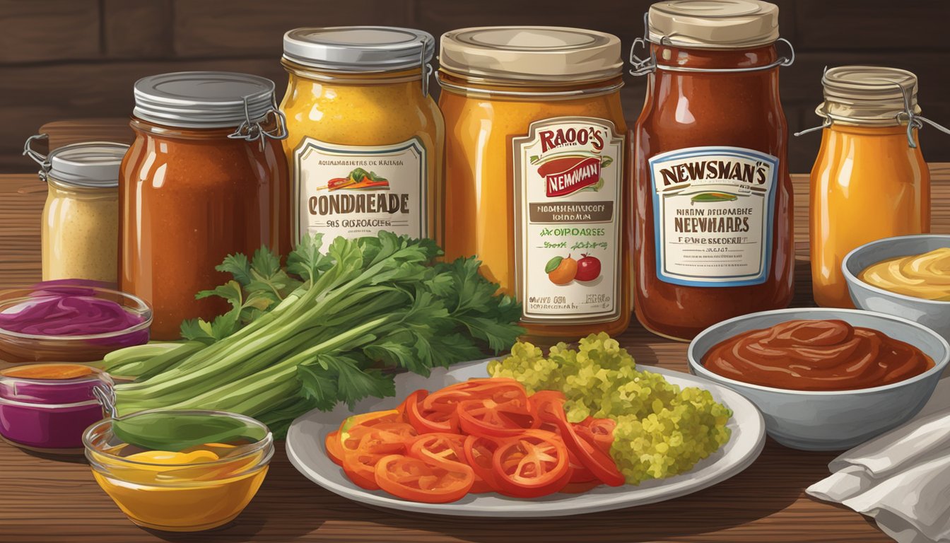 A colorful array of fresh ingredients and condiments arranged on a wooden table, with jars of Rao's Homemade and Newman's Own sauces in the background