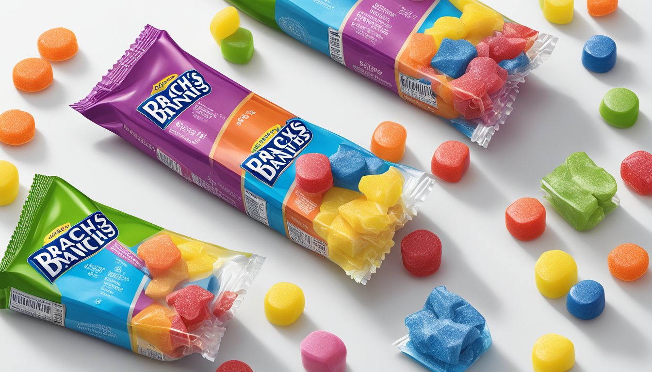 A colorful array of Brach's and Jolly Rancher candies arranged on a white table, with their respective nutritional information labels displayed next to each type