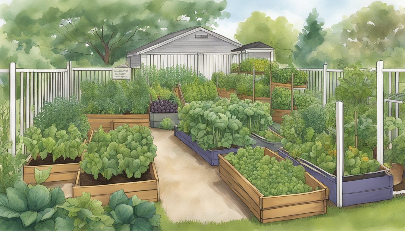 A diverse group of vegetables growing in a Maryland garden, supported by trellises and surrounded by inclusive signage