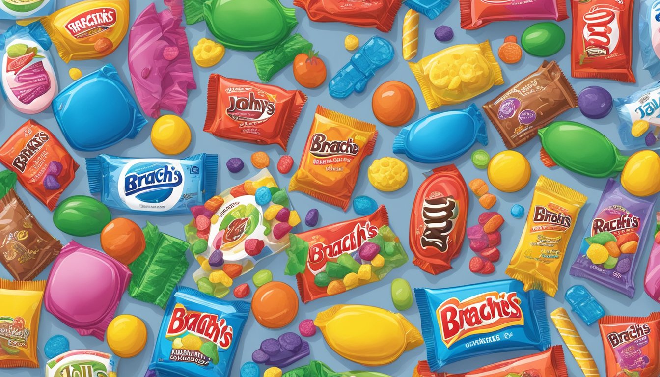 A colorful display of Brach's and Jolly Rancher candies, surrounded by diverse cultural symbols and icons