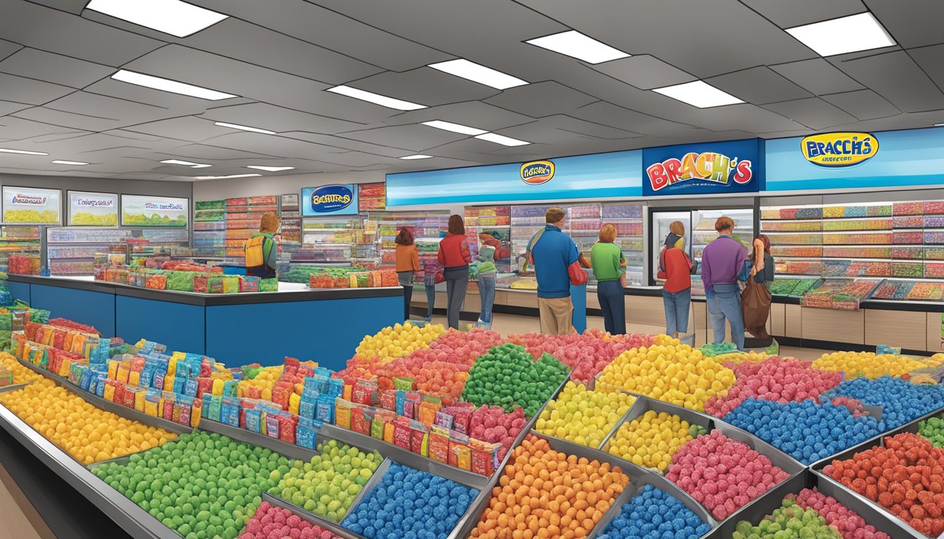 A colorful display of Brach's and Jolly Rancher candies with prominent branding and loyal customers making their selections