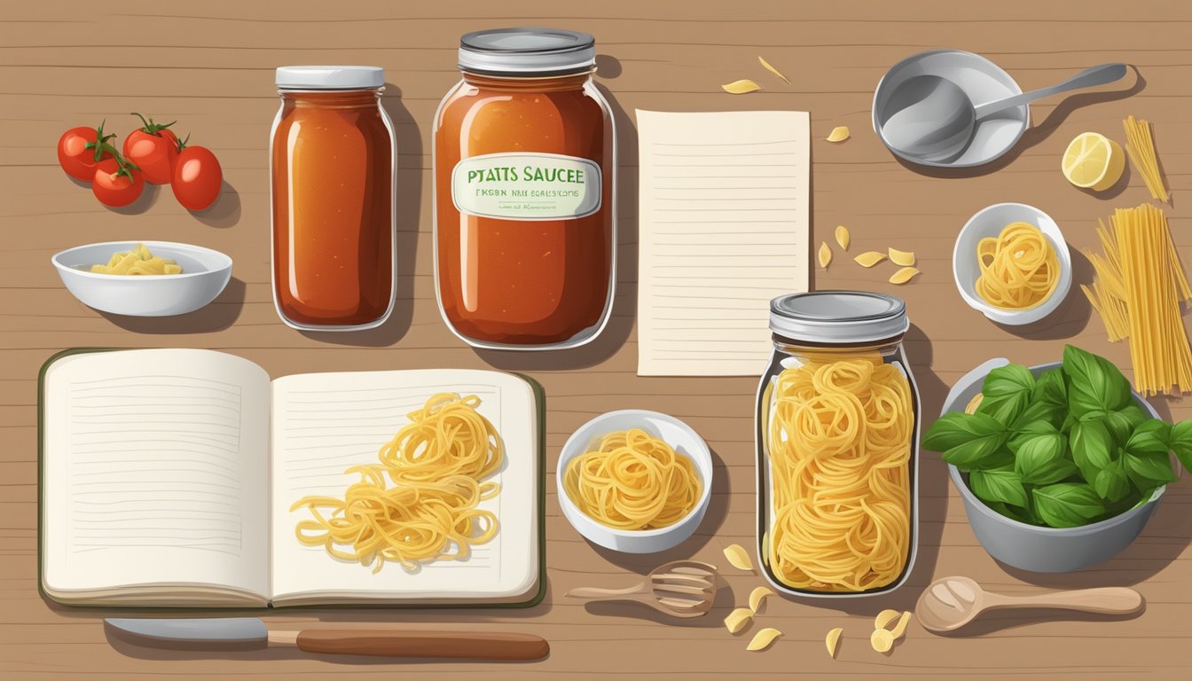 Two jars of pasta sauce side by side, surrounded by various ingredients and cooking utensils. A scale and notepad with comparison notes