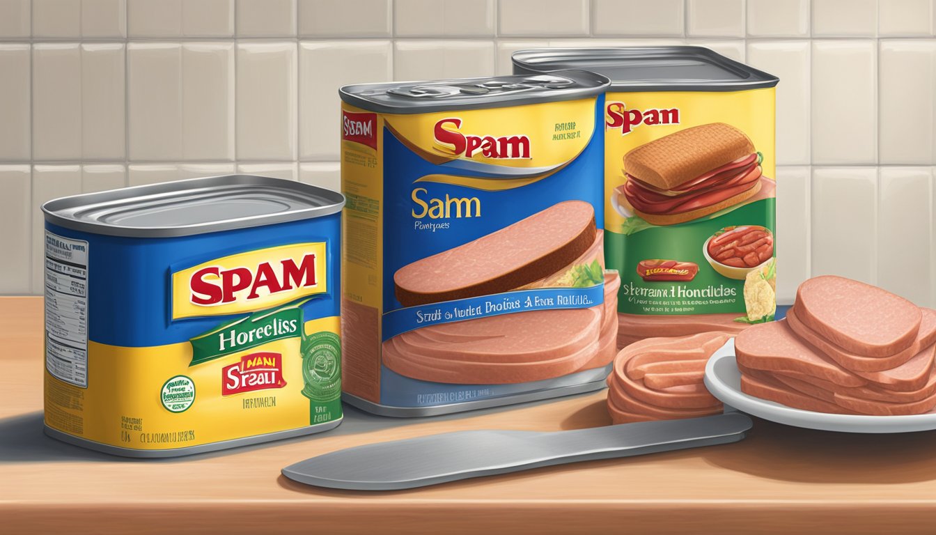 Two cans of Spam and Hormel products side by side on a kitchen counter