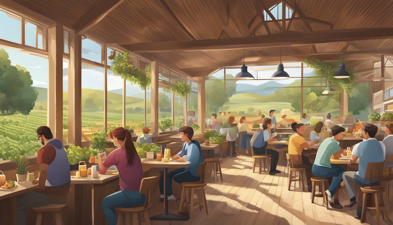 A bustling restaurant with a lively, casual atmosphere contrasts with a serene, picturesque potato farm