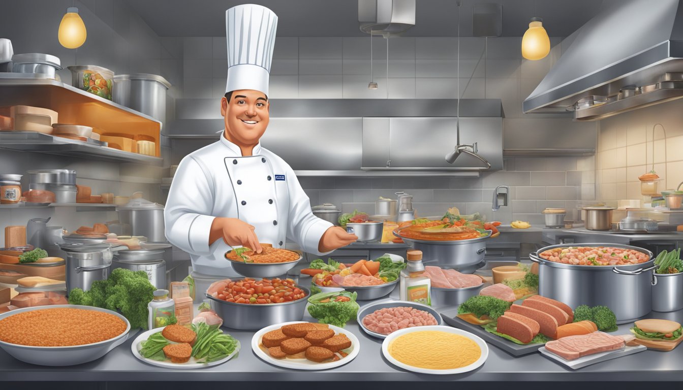 A chef prepares a variety of dishes using Spam and Hormel products in a bustling kitchen