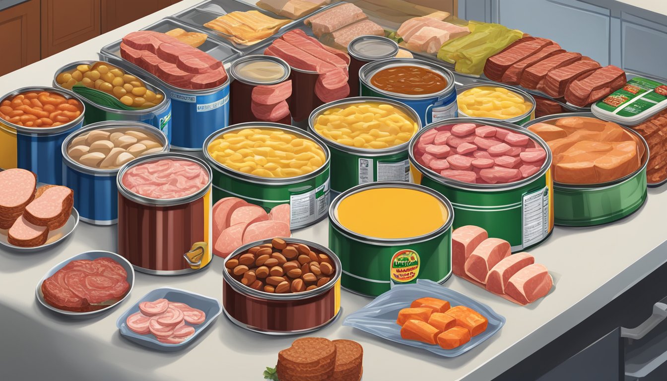 A colorful array of various canned meats, including Spam and Hormel, arranged on a kitchen counter