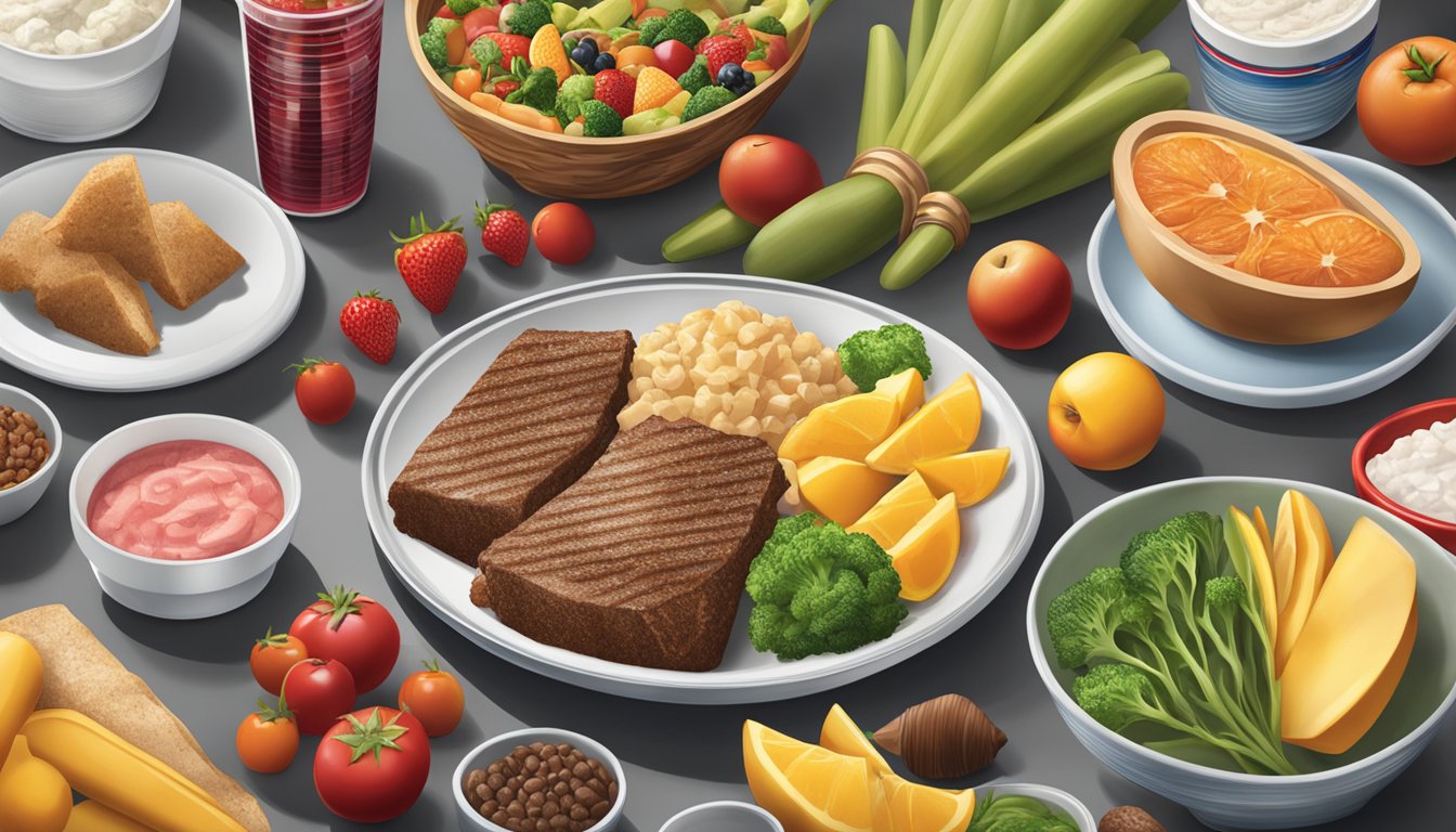 A table with a plate of TGI Fridays food next to a bag of Ore Ida frozen products, surrounded by various fruits and vegetables