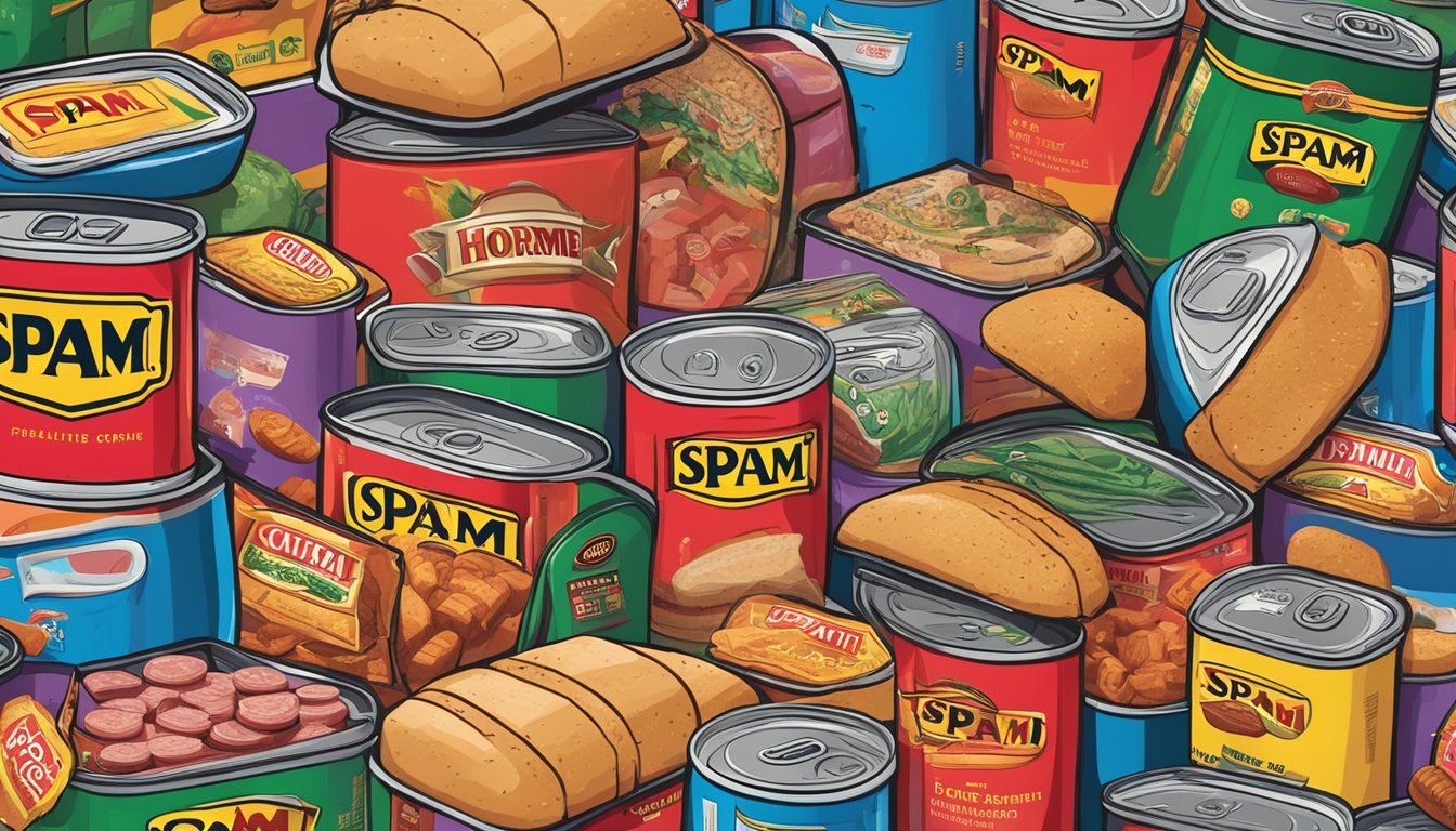 A colorful collage of Spam cans and the Hormel logo in the background, surrounded by various cultural symbols and icons