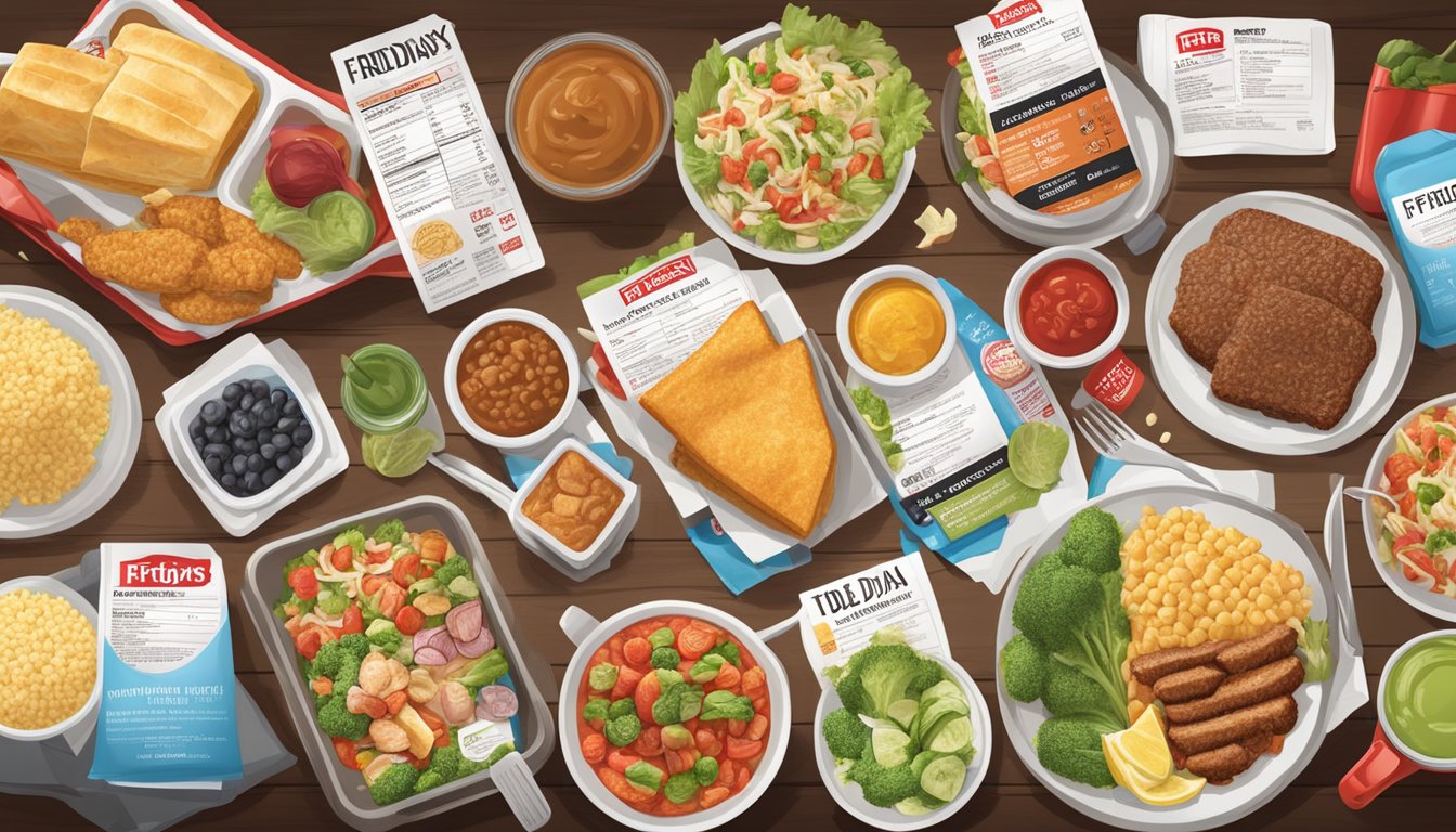 A table with a variety of TGI Fridays and Ore Ida frozen food products, surrounded by nutritional labels and dietary guidelines