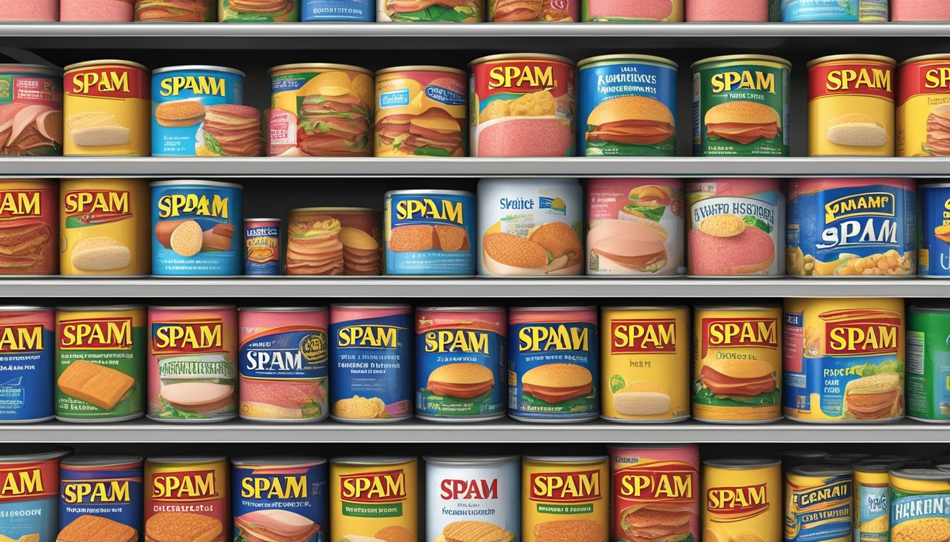 A can of Spam stands out among various generic brands on a crowded shelf, while a flashy marketing display promotes a competing product