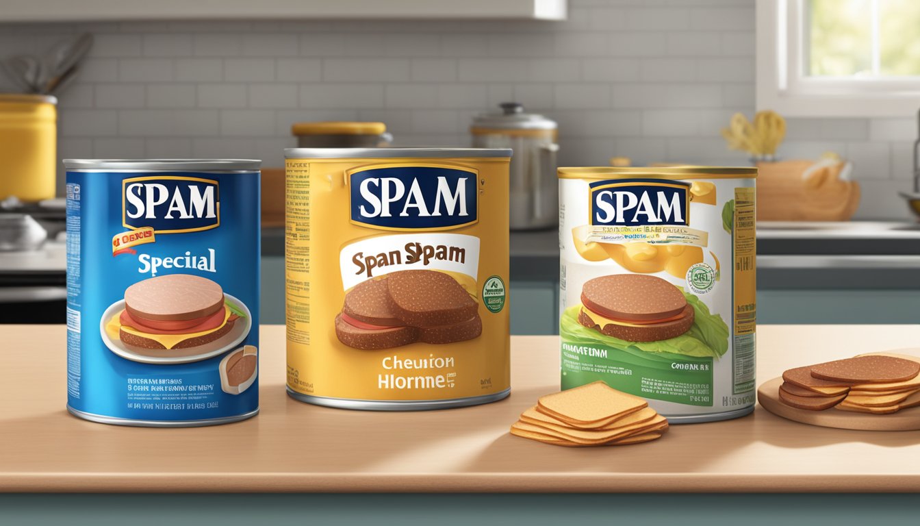 A can of Special Variants spam and a can of Hormel spam facing off on a kitchen counter