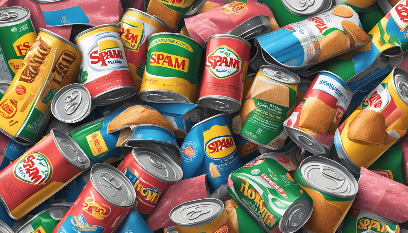 A chaotic collision of spam cans and Hormel products, with the iconic Hormel logo visible amidst the chaos