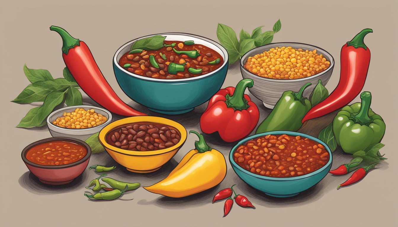 A table with bowls of amys organic and hormel chili surrounded by various chili peppers and ingredients