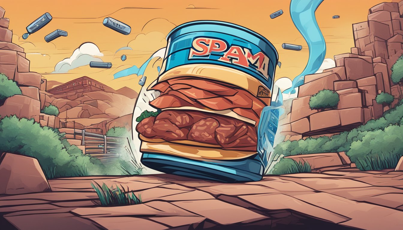 A digital spam email battles a can of Hormel meat in a cyber-themed landscape