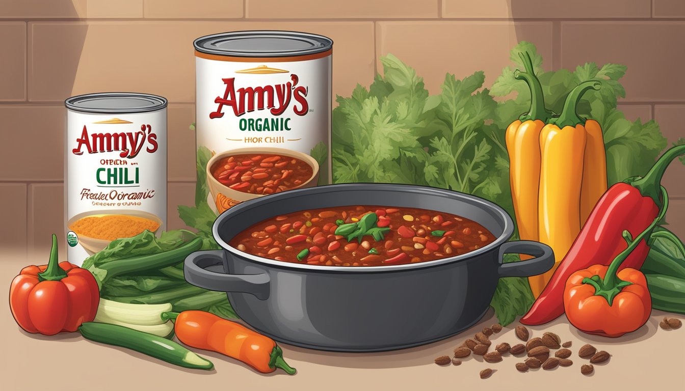 A steaming pot of Amy's organic chili sits next to a can of Hormel chili, surrounded by fresh vegetables and spices