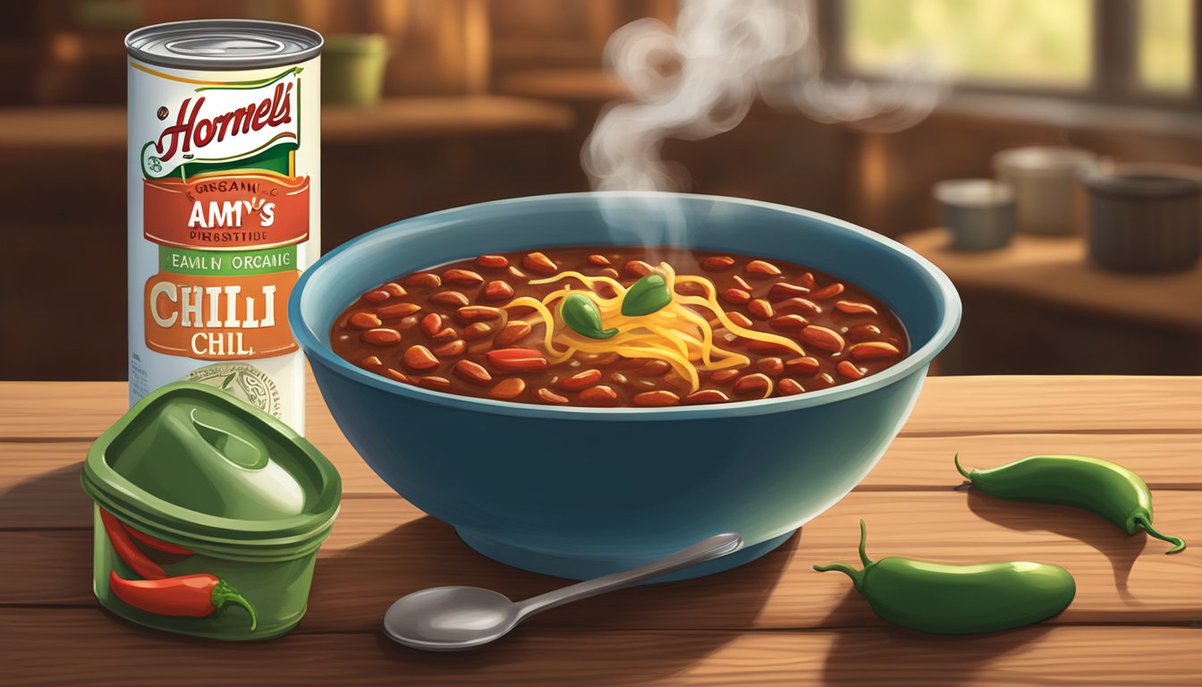 A steaming bowl of Amy's organic chili sits next to a can of Hormel chili on a rustic wooden table. Steam rises from both bowls, and a spoon rests on the side