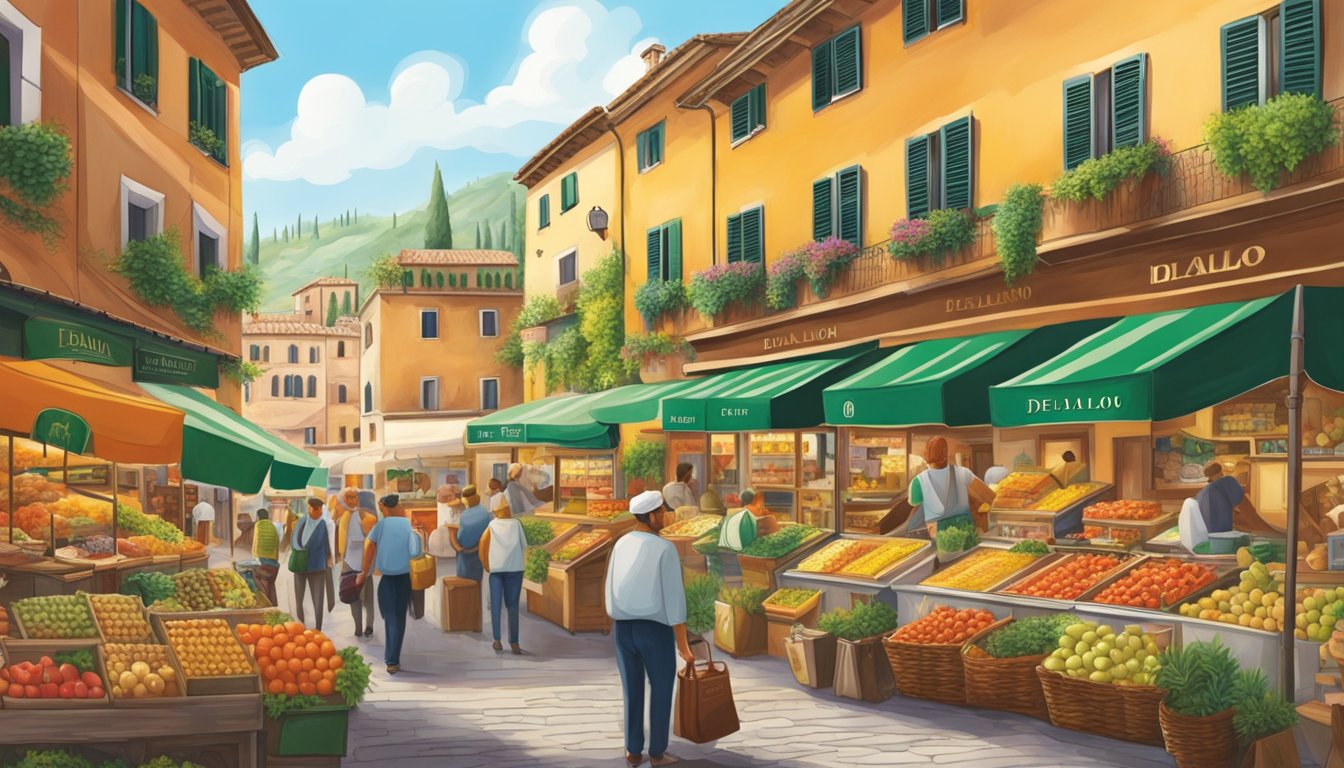 A bustling Italian marketplace with DeLallo and Lucini storefronts, showcasing their respective products and branding. Vibrant colors and traditional elements create a lively atmosphere