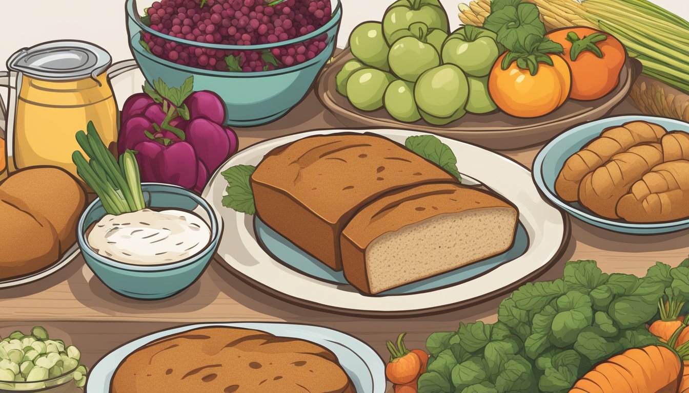 A table with loaves of Aunt Millie's and Brownberry bread, surrounded by fresh fruits and vegetables, with a nutrition label and dietary information displayed prominently