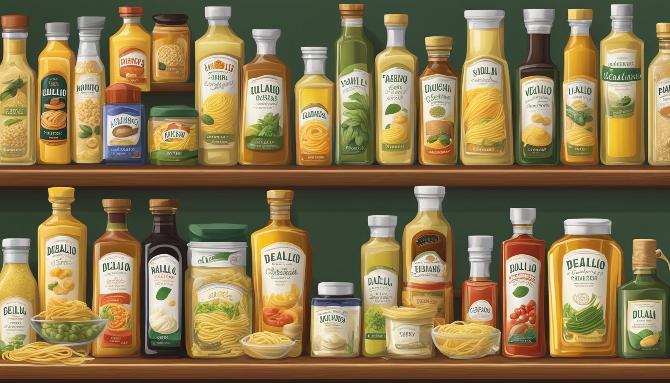 A table displaying various DeLallo and Lucini products, including pasta, sauces, oils, and condiments, arranged in an organized and appealing manner