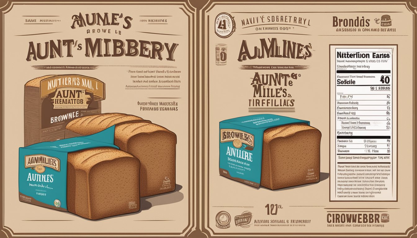 Two loaves of bread side by side, one labeled "Aunt Millie's" and the other "Brownberry," with nutritional information displayed on each package