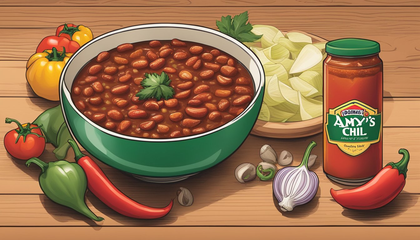 A steaming bowl of Amy's organic chili sits next to a can of Hormel chili, surrounded by fresh ingredients like onions, tomatoes, and peppers