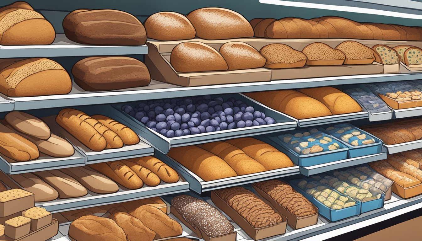 Aunt Millie's and Brownberry bread loaves on a supermarket shelf, surrounded by various other bread options