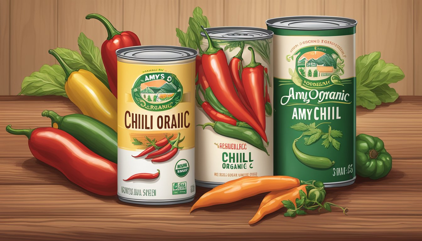 Two cans of chili, one labeled "Amy's Organic" and the other "Hormel," sit side by side on a wooden table, surrounded by fresh vegetables and spices