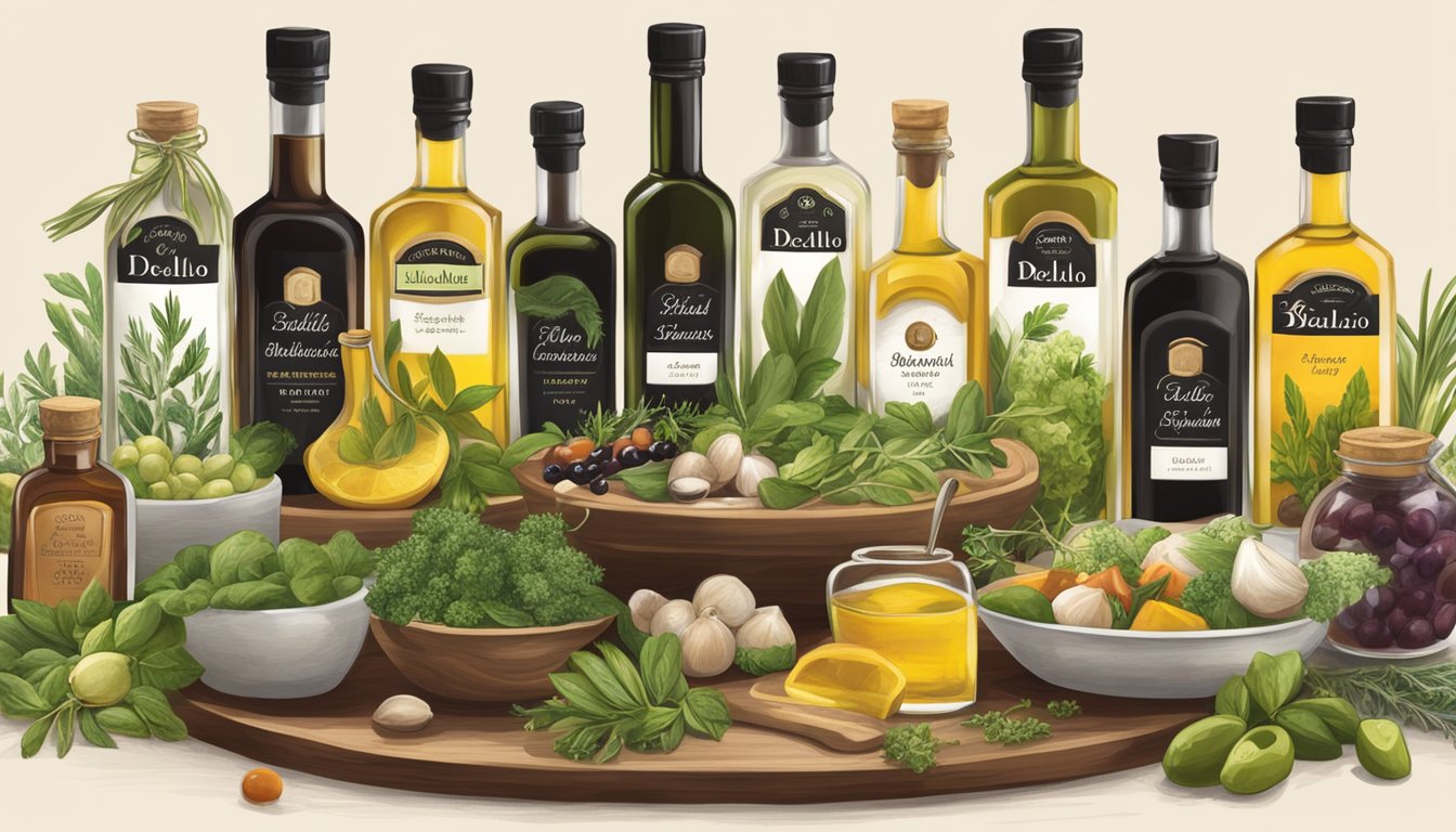 A table displaying a variety of fresh ingredients and herbs, with bottles of DeLallo and Lucini olive oils and balsamic vinegars