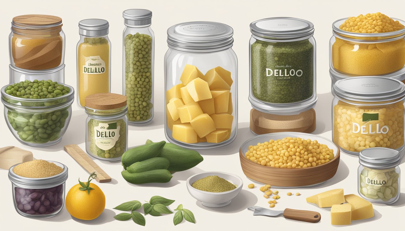 A table with open jars of DeLallo and Lucini products, surrounded by scattered ingredient labels and measuring tools