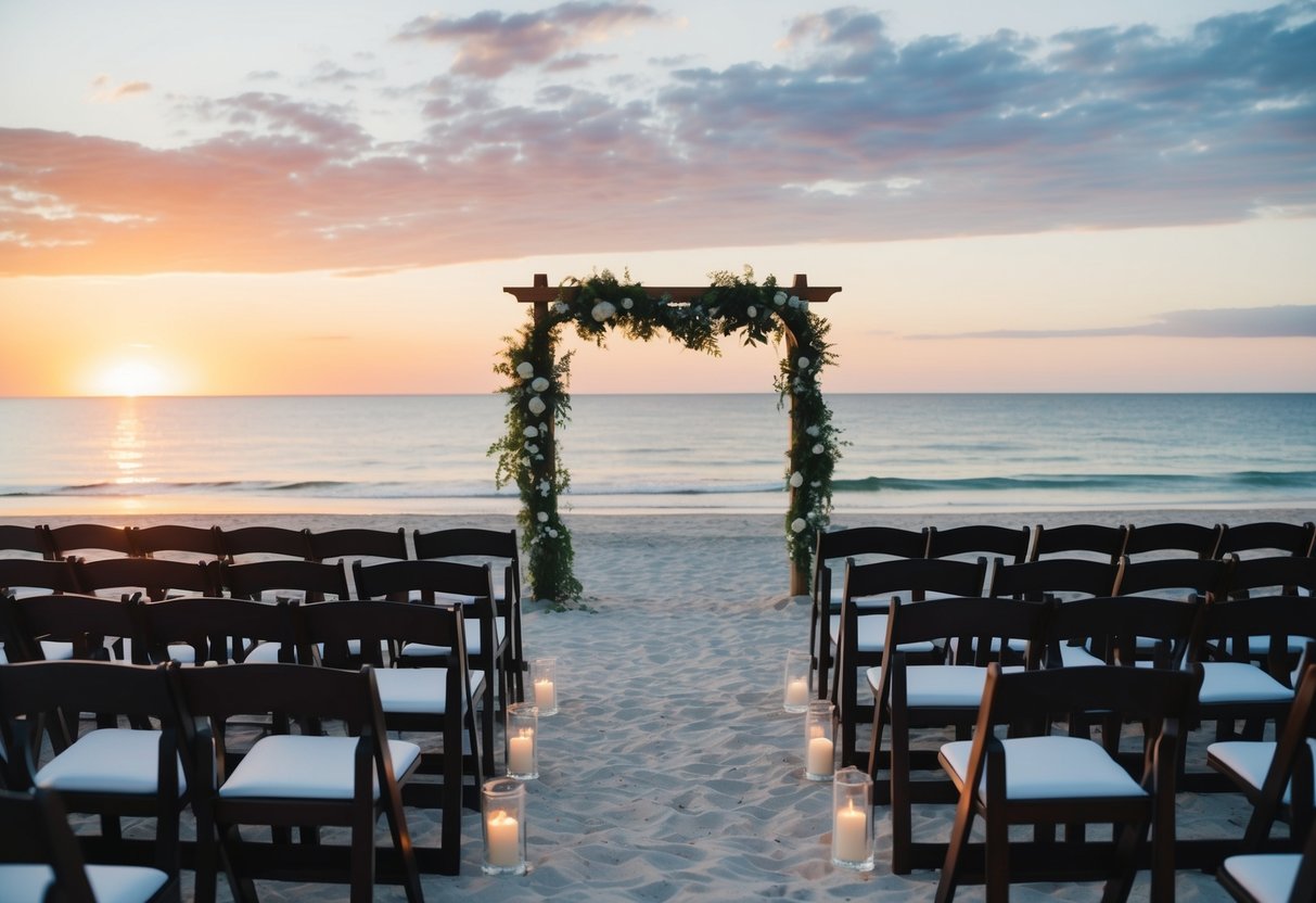 A beach wedding with a sunset backdrop, a decorated arch, and empty chairs