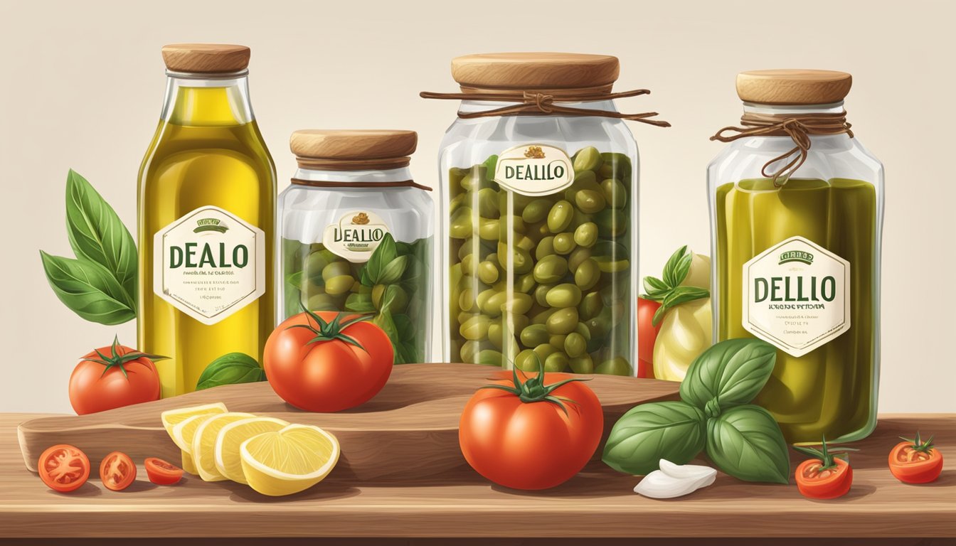 A table with open jars of DeLallo and Lucini products next to each other, surrounded by fresh ingredients like tomatoes, basil, and olive oil