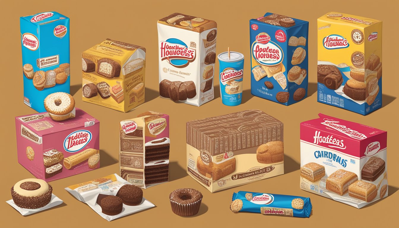 A table displaying vintage packaging of Hostess cupcakes and Little Debbie Swiss rolls, surrounded by historical images of the brands' evolution