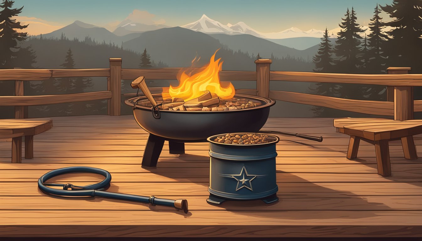 A cowboy and a fire pit with a branding iron on a wooden table