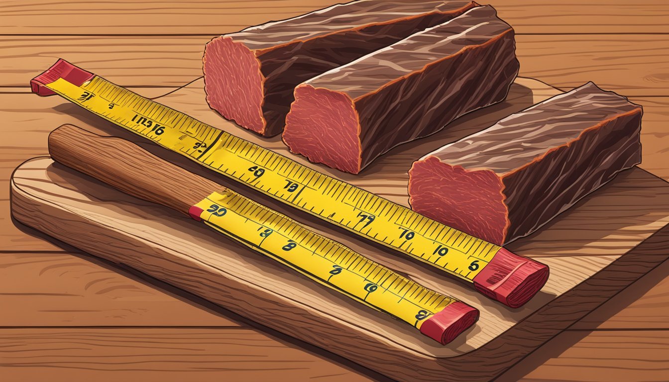 Two beef jerky sticks side by side on a wooden cutting board, with a measuring tape wrapped around each to compare their sizes