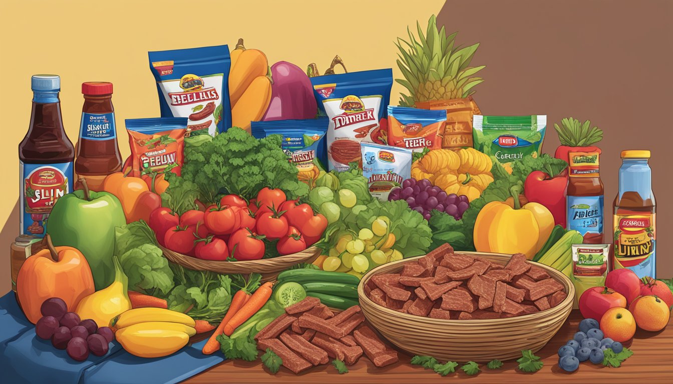 A table with a slim jim and a pack of Jack Links beef jerky, surrounded by various fruits and vegetables