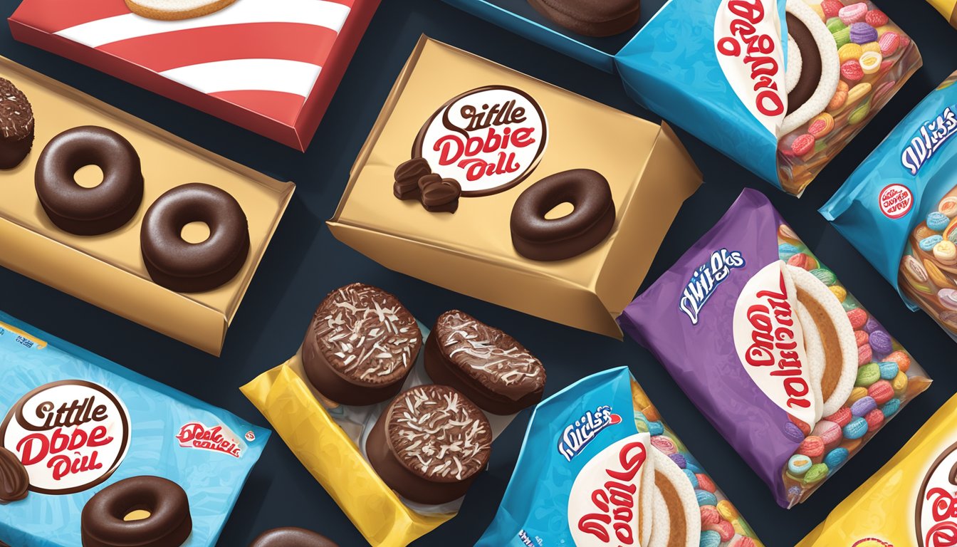 A table displaying Hostess cupcakes and Little Debbie Swiss rolls side by side, with various packaging and flavors