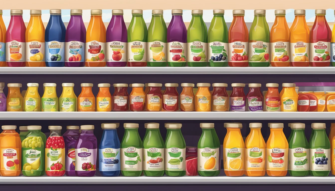 A colorful display of various fruit juices and jams from Welch's and Mott's arranged on a shelf in a grocery store